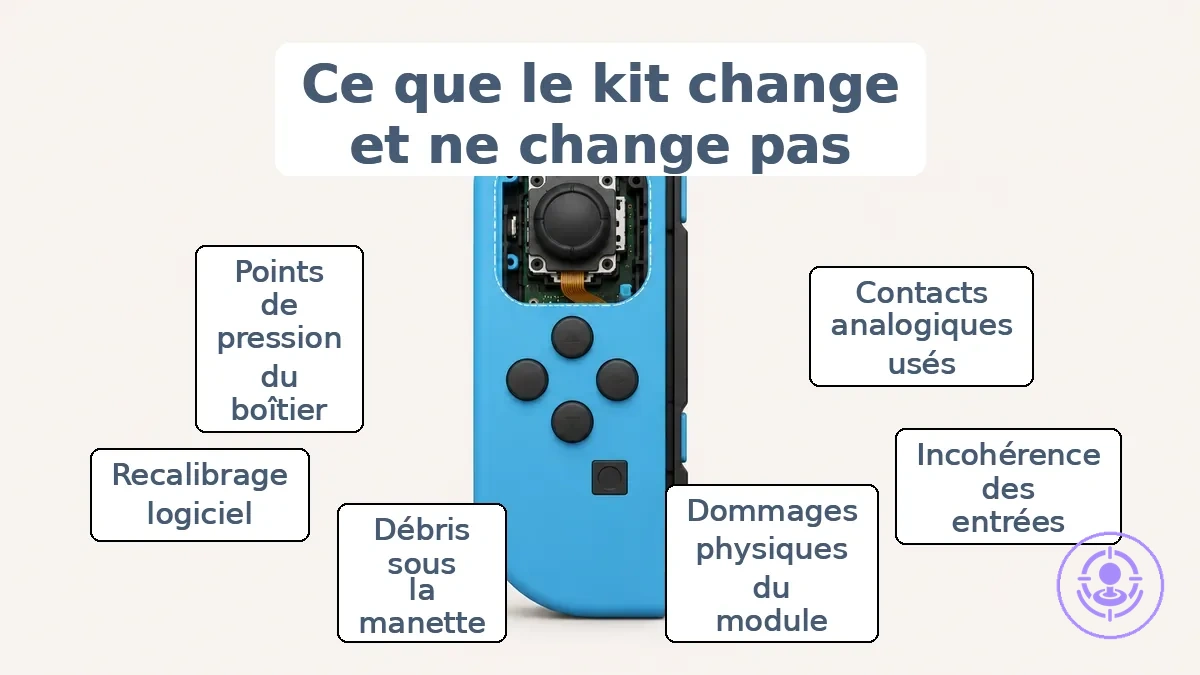 Emplacement du module Joy-Con et cible du kit de réparation du drift.