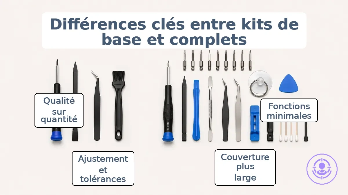 Exemple annoté montrant les composants du kit d'outils de réparation Joy-Con de base par rapport au kit complet, organisés par fonction d'outil.
