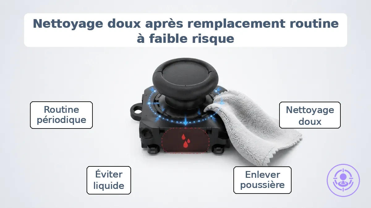 Zone du stick du Joy-Con annotée montrant les points de nettoyage doux et l avertissement d éviter l excès de liquide.