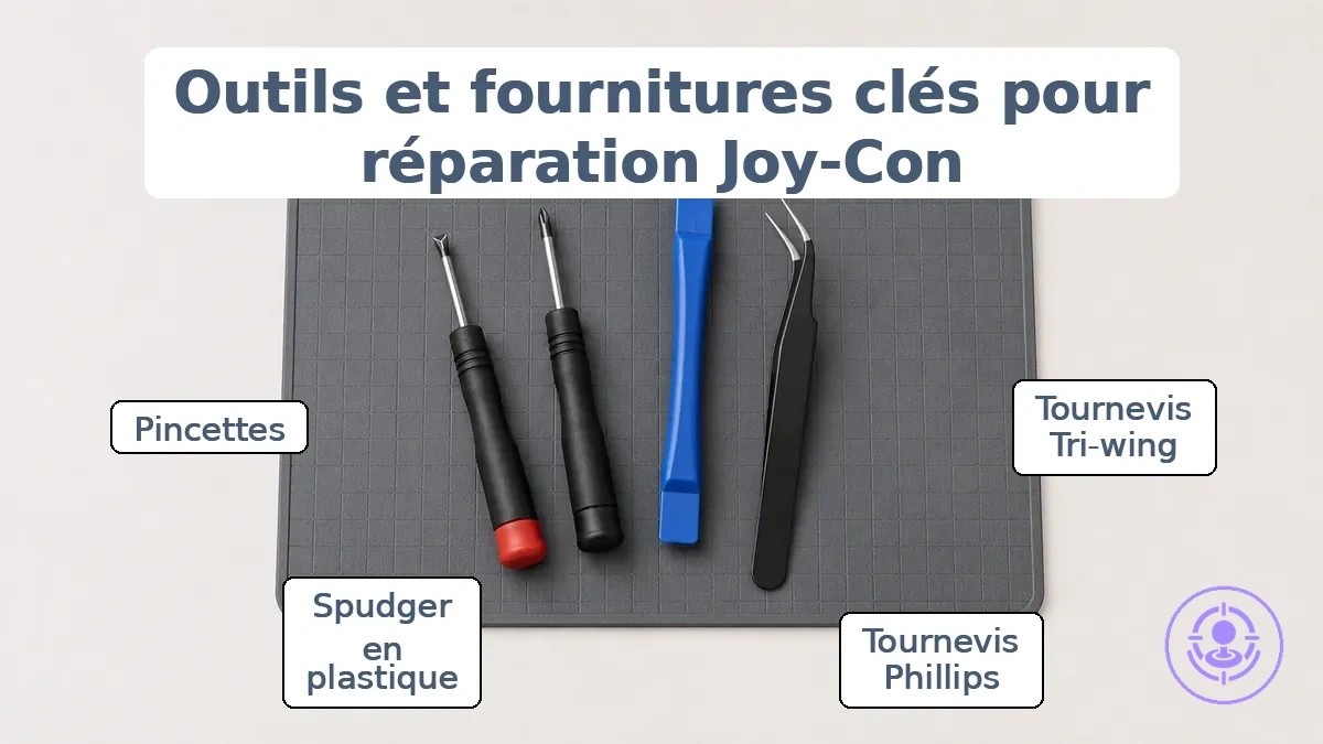 Outils et fournitures préparés pour la réparation du Joy-Con