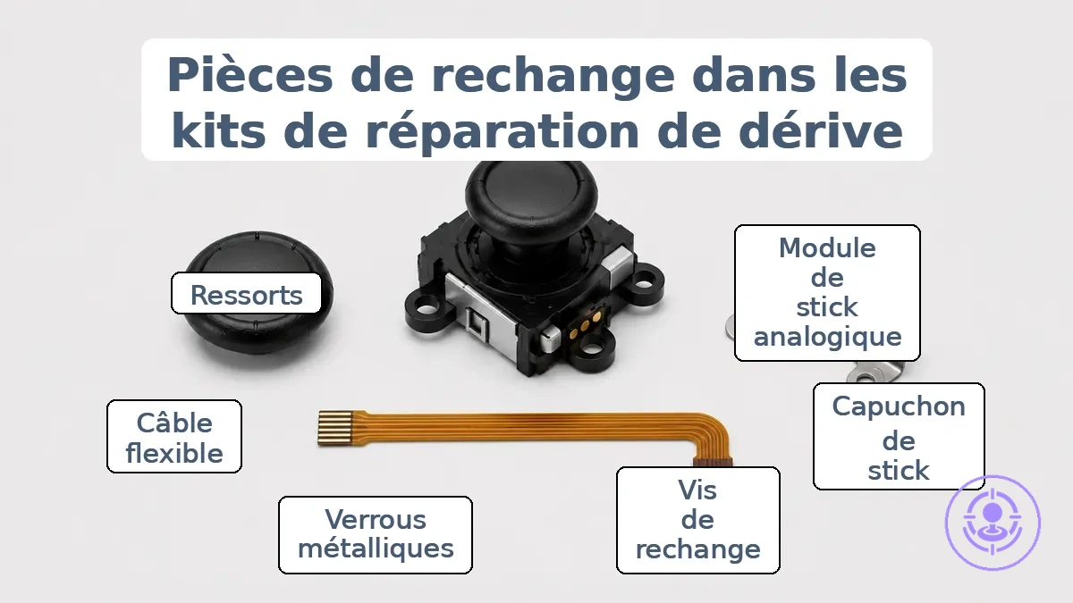 Pièces de rechange du kit de réparation du drift des Joy-Con étiquetées : module de stick analogique, capuchons de stick et petite visserie.