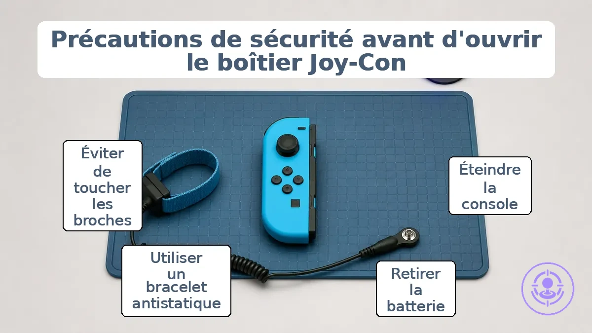 Priorités des contrôles de sécurité pour la préparation de la réparation du drift des Joy-Con, montrant les étapes d isolation électrique et de contrôle statique.