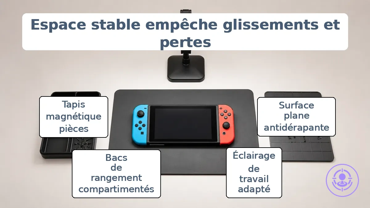 Un poste de travail bien éclairé avec un plateau à pièces et un tapis magnétique disposés sur une surface stable