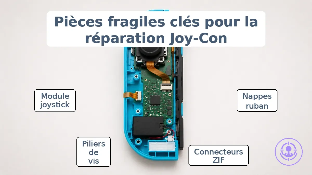 Pièces internes fragiles du Joy-Con pertinentes pour le risque de réparation du drift en DIY.