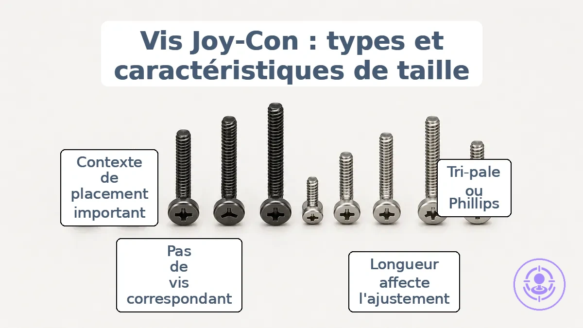 Vis de réparation Joy-Con annotées montrant différentes longueurs et profils de tête pour un appariement plus sûr.