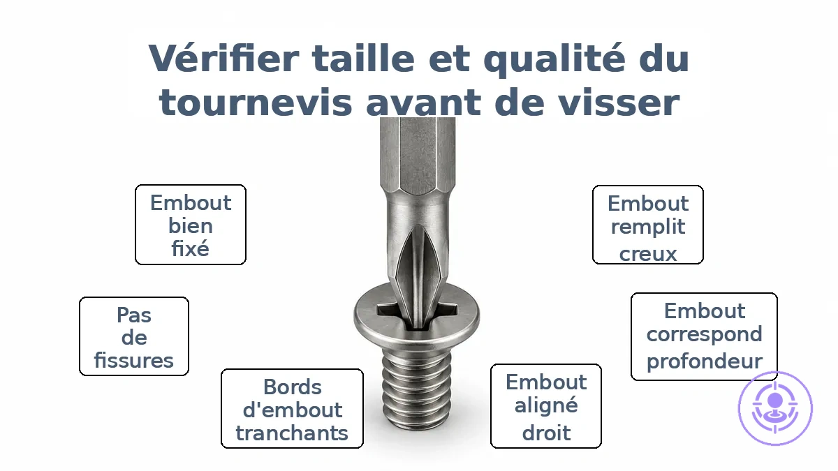 Gros plan d'un embout de tournevis engagé dans une tête de vis, montrant un ajustement et un alignement corrects.