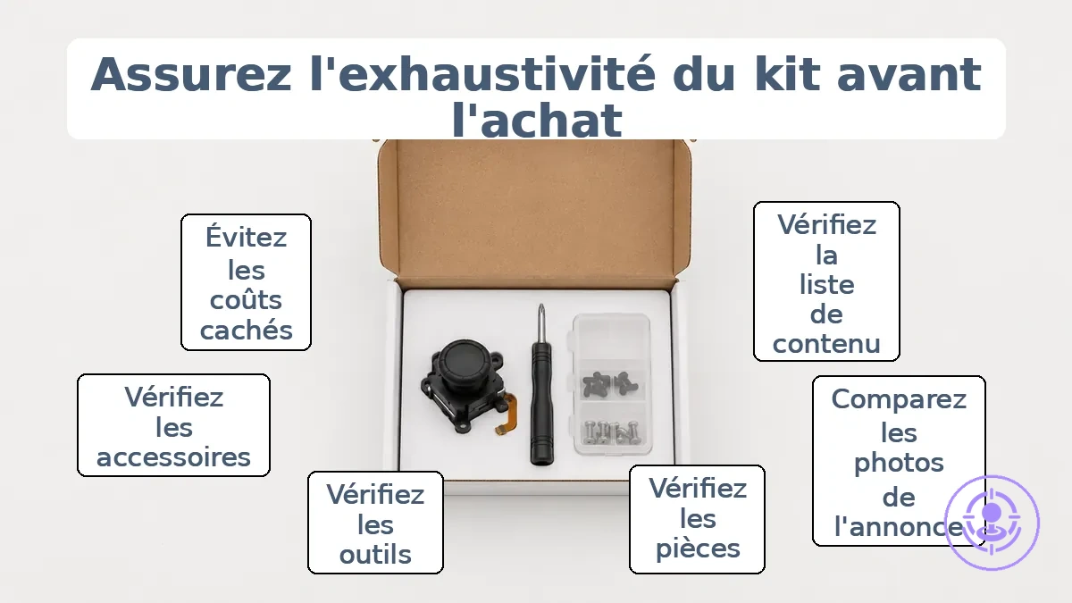 Liste de contrôle pour vérifier le contenu du kit par rapport aux photos de l'annonce