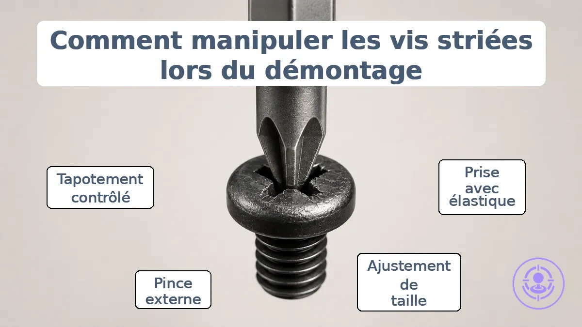 Exemple annoté d'une tête de vis de Joy-Con commençant à se décaper et bon engagement de l'embout du tournevis.
