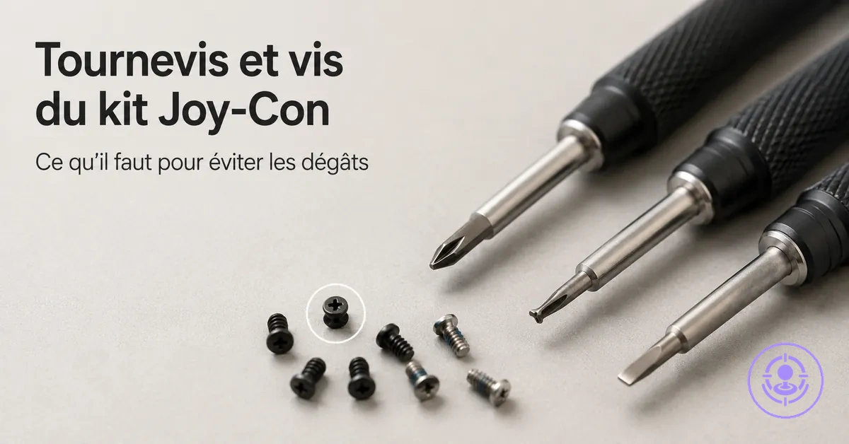 Gros plan sur des tournevis de précision et de petites vis utilisés pour réparer le drift des Joy-Con sans abîmer les têtes