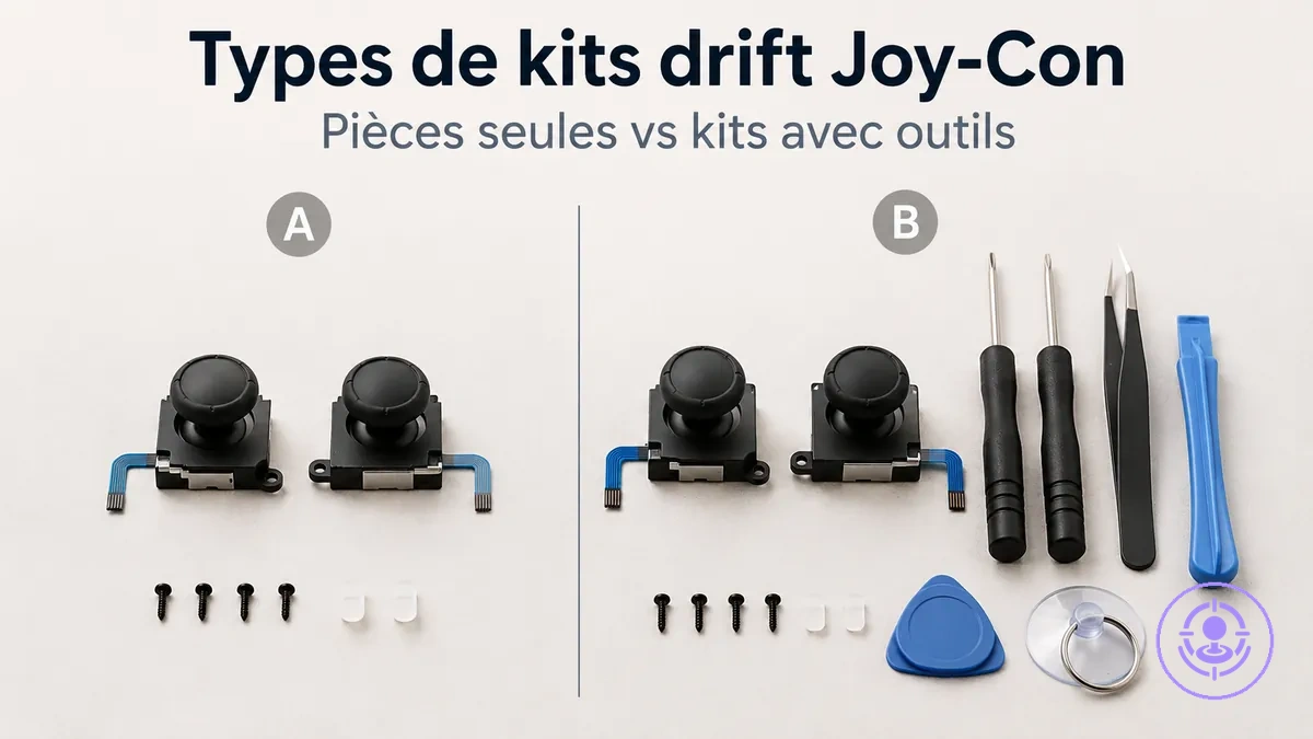 Kits de réparation du drift des Joy-Con côte à côte : pièces seules et kits avec outils pour comparer le contenu
