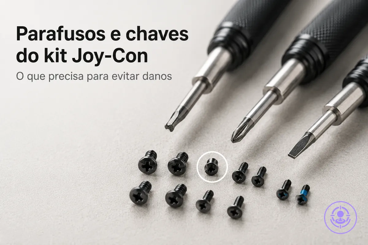 Foto de perto de chaves de precisão e parafusos pequenos usados em um kit de reparo do drift do Joy-Con