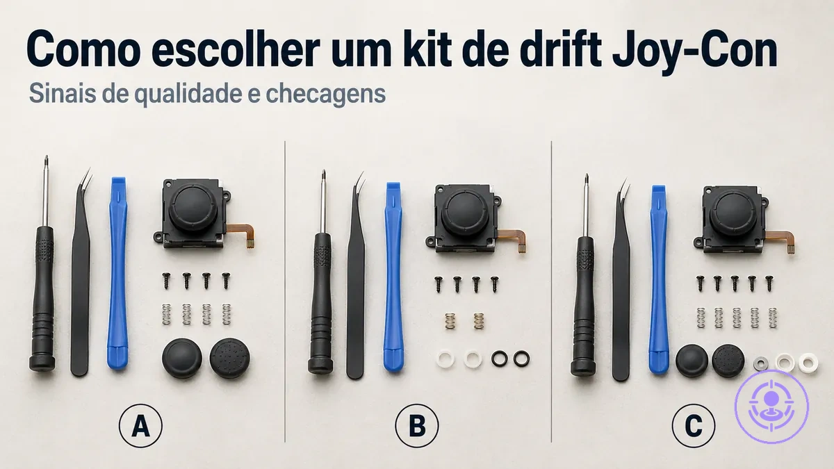 Comparação de kits de reparo do drift do Joy-Con com conteúdos diferentes para avaliar qualidade e encaixe