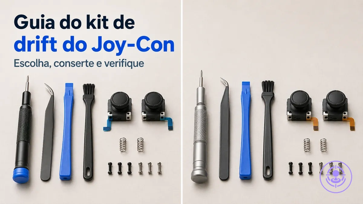Kit de reparo do drift do Joy-Con com ferramentas e peças de reposição organizadas para escolher e planejar o conserto