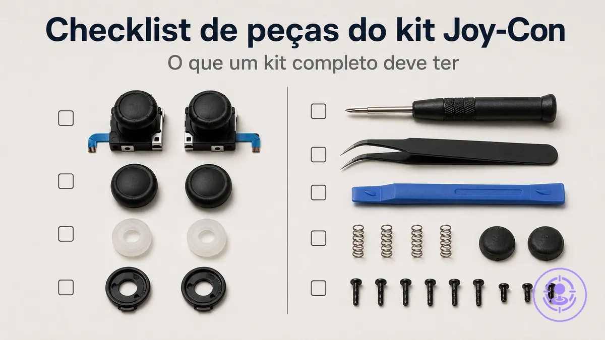 Lista de peças de um kit de reparo do drift do Joy-Con com sticks de reposição, ferramentas e itens pequenos