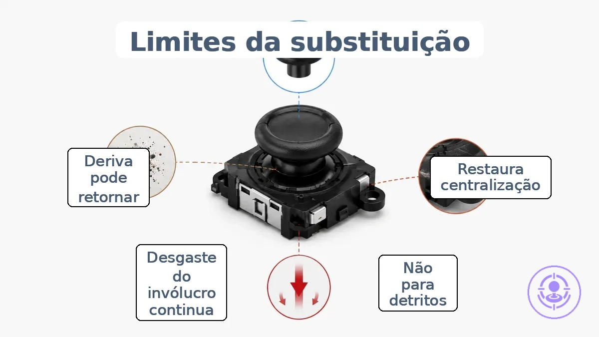Diagrama mostrando a substituição do módulo do analógico do Joy-Con e as áreas ao redor que ainda afetam a recorrência do drift a longo prazo.