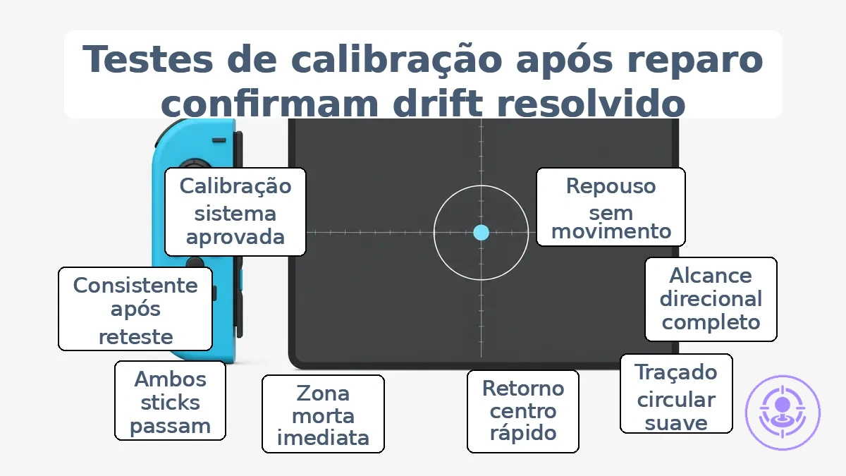 Tela de teste de calibração mostrando posição centralizada do stick e anel de zona morta