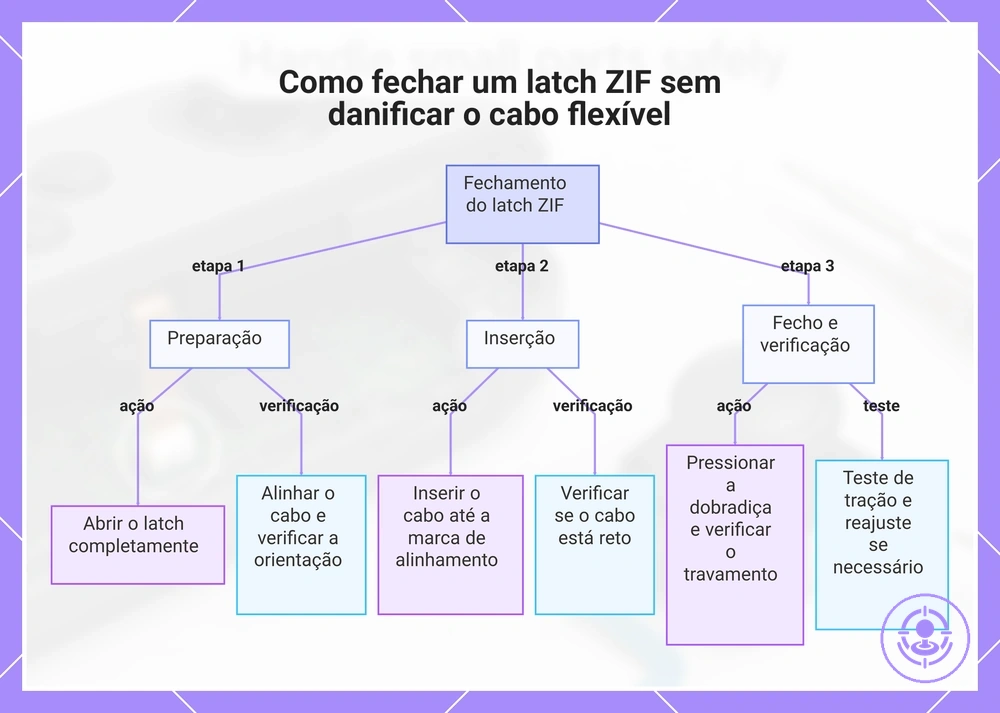 Como fechar um latch ZIF sem danificar o cabo flexível