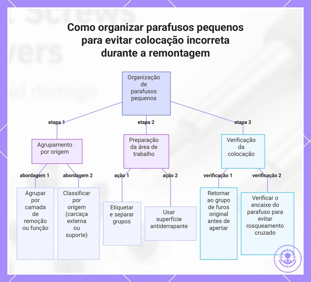 Como organizar parafusos pequenos para evitar colocação incorreta durante a remontagem