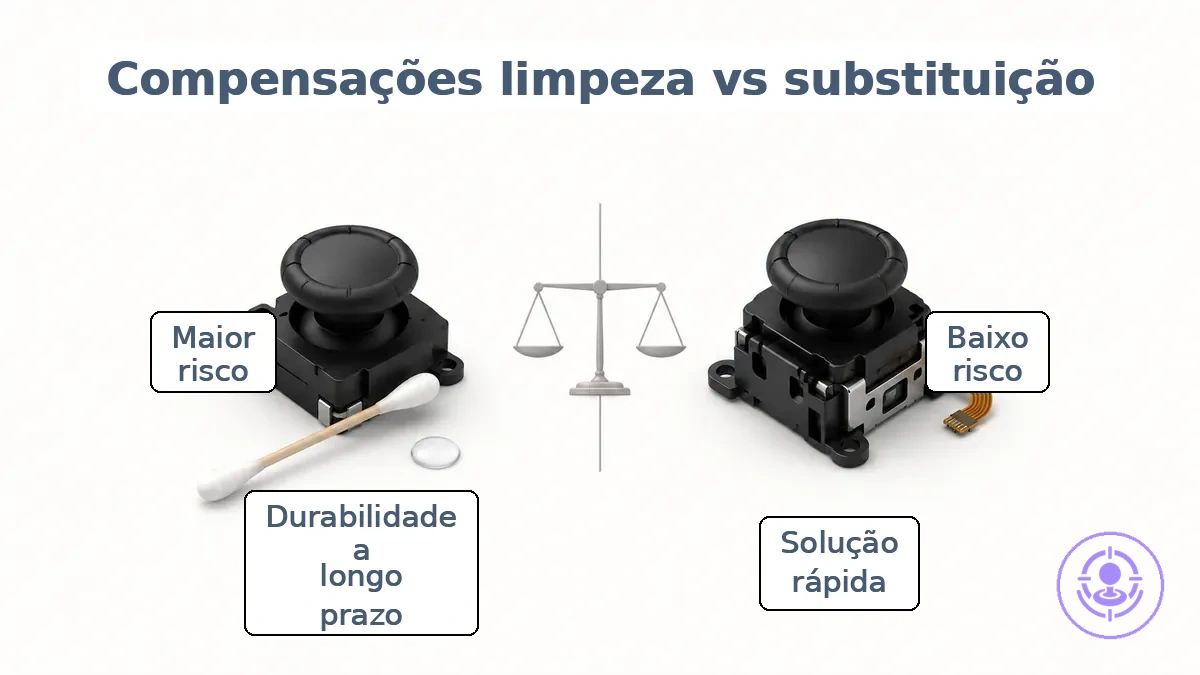 Gráfico de comparação das compensações entre limpeza do drift do Joy-Con e kit de reparo para durabilidade, risco, tempo e dificuldade.