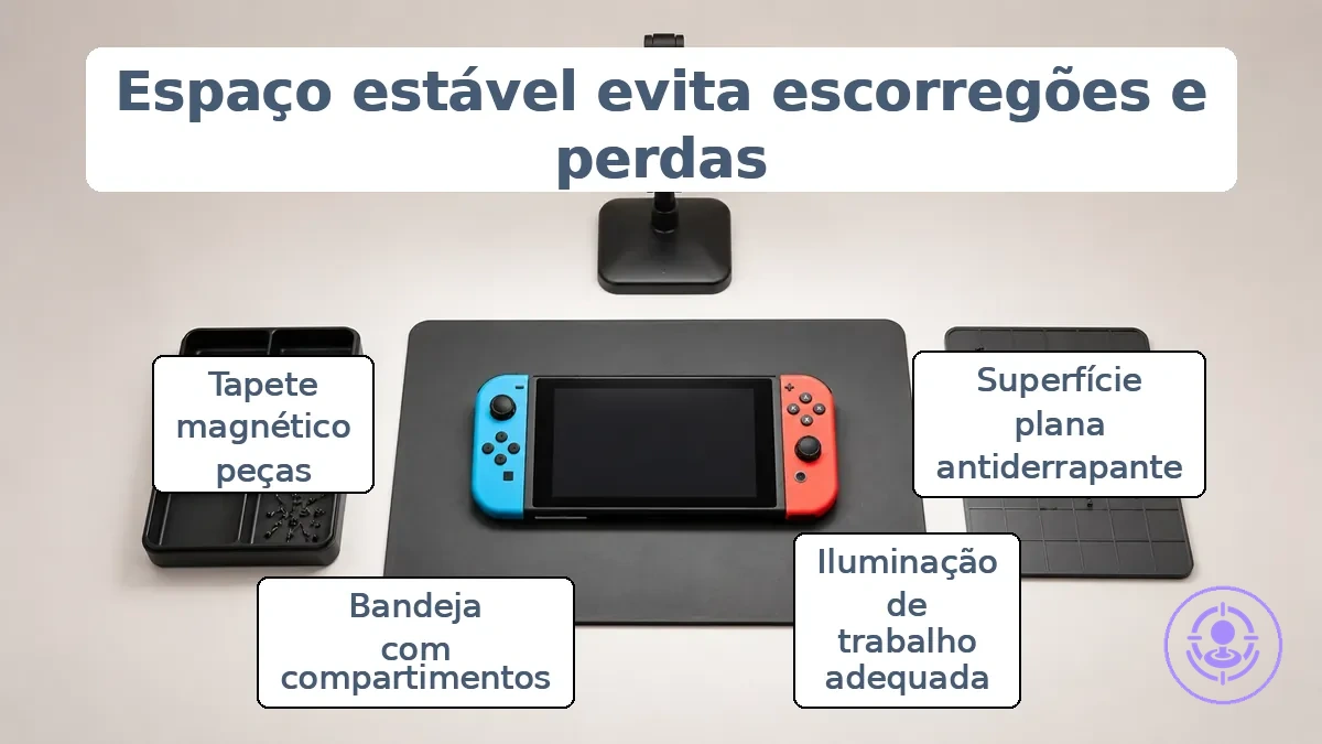Espaço de trabalho bem iluminado com bandeja de peças e tapete magnético organizados sobre uma superfície estável