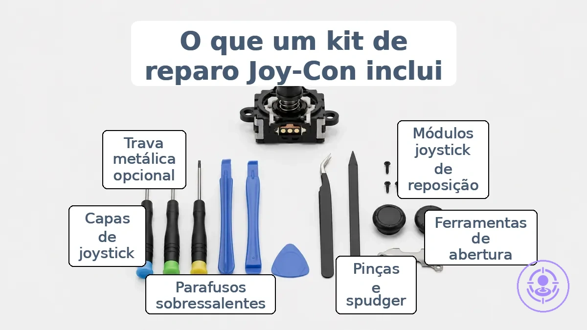 Visual anotado do que geralmente vem em um kit de reparo do drift do Joy-Con em termos gerais