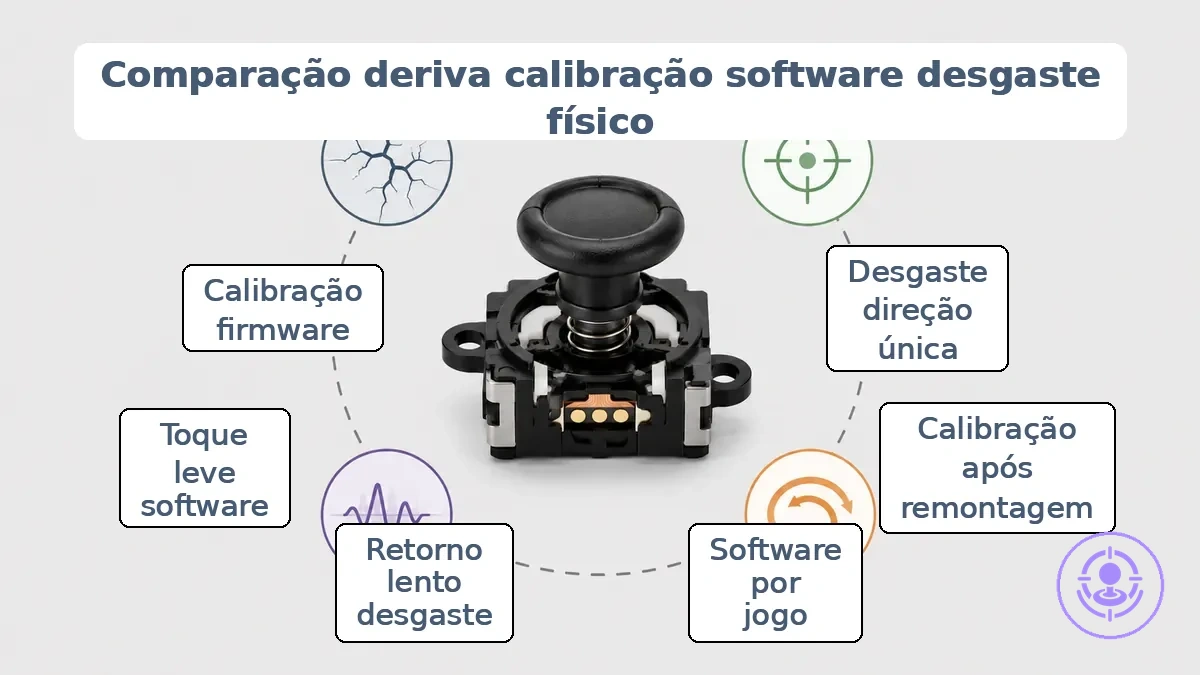 Tabela comparativa mostrando padrões de sintomas para distinguir drift de calibração, configurações de software e desgaste físico do analógico.