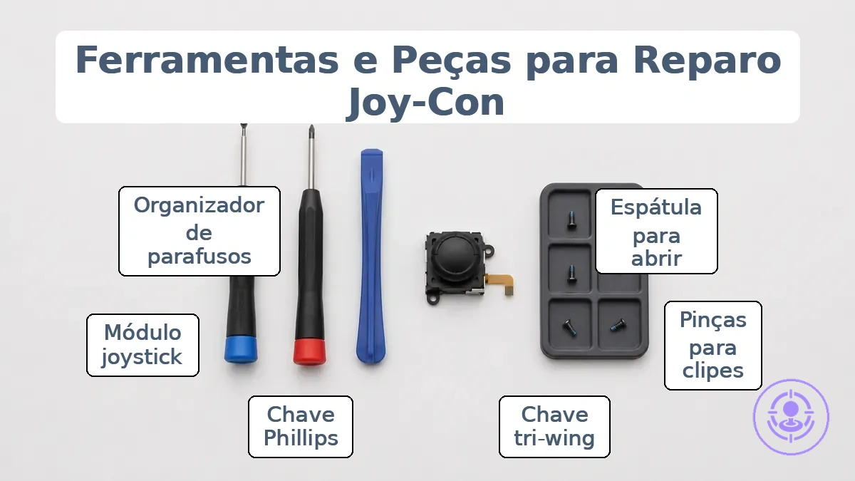 Ferramentas e peças essenciais para reparo de drift do Joy-Con: chave tri-wing, chave Phillips, espátula e módulo de joystick de reposição.