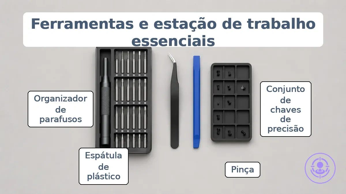 Ferramentas organizadas na estação de trabalho para substituição do joystick do Joy-Con, mostrando bandeja de parafusos e chaves de precisão.