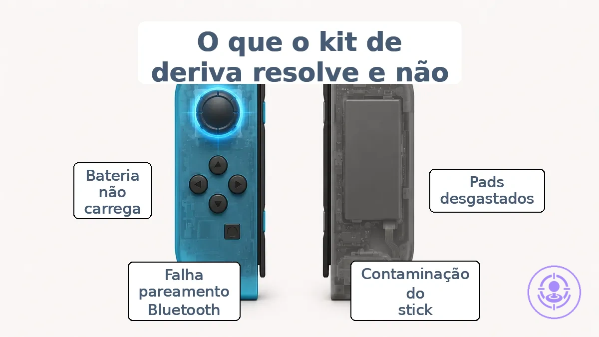 Joy-Con anotado mostrando a área do analógico como escopo de reparo do kit e indicando problemas que um kit não conserta