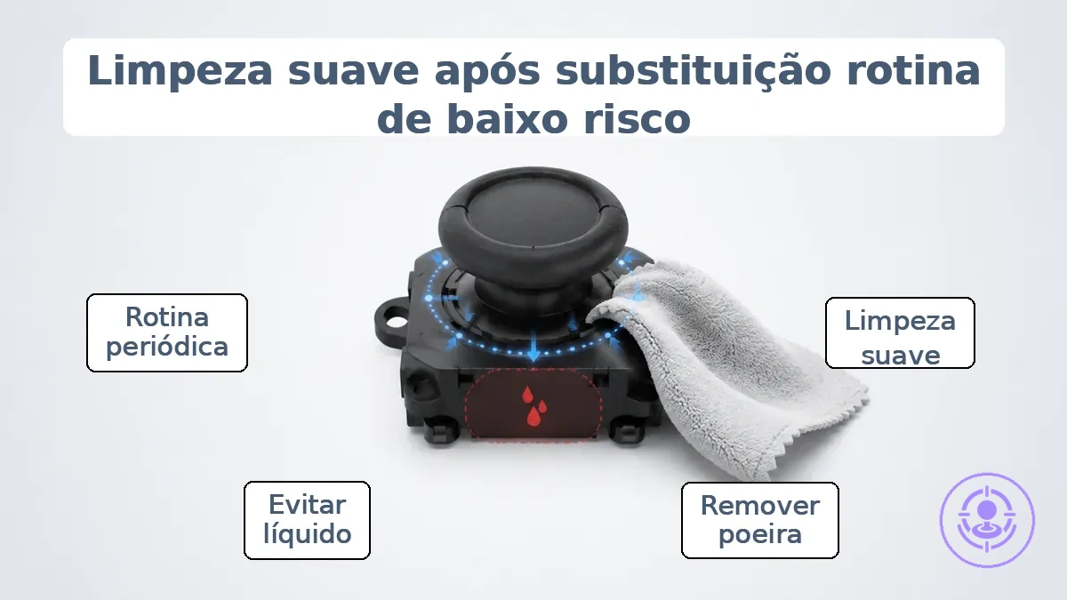 Área do manete do Joy-Con anotada mostrando pontos de limpeza suave e aviso para evitar excesso de líquido.