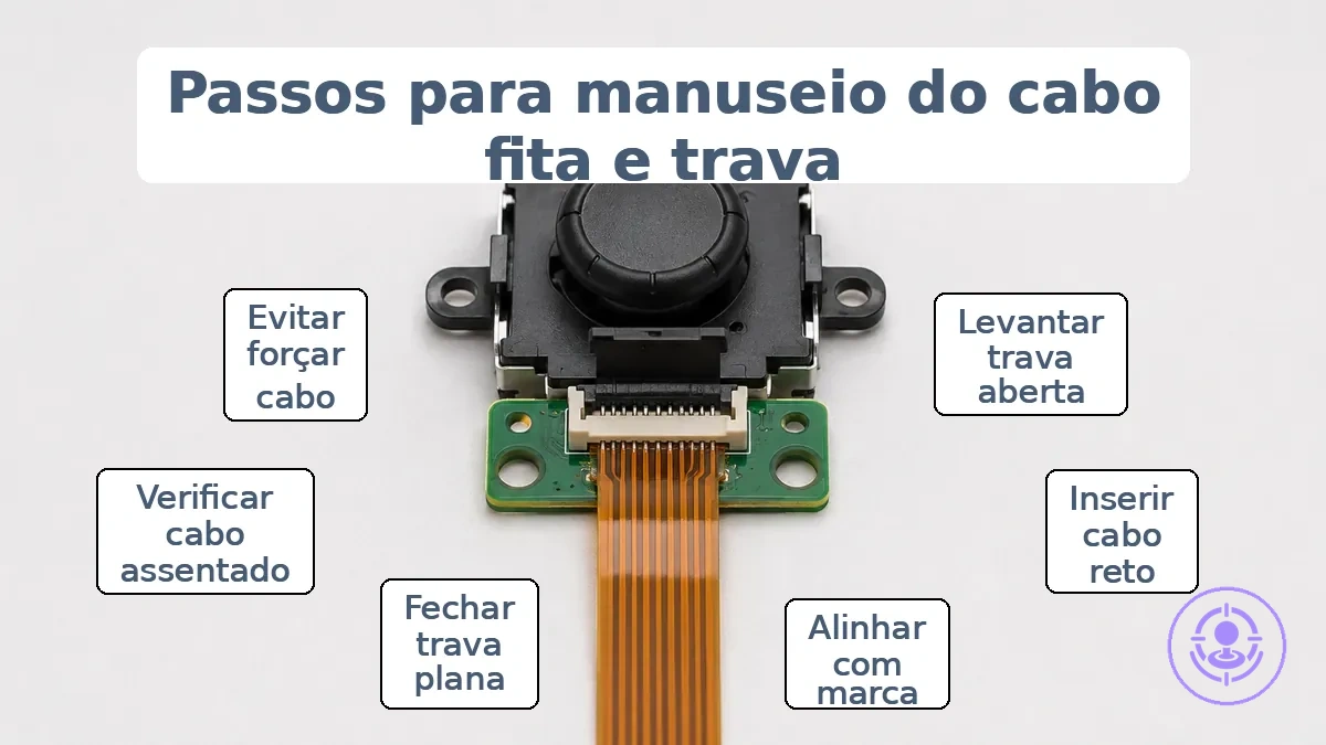 Posição da trava do conector do cabo flexível e alinhamento de inserção durante a substituição do joystick do Joy-Con.