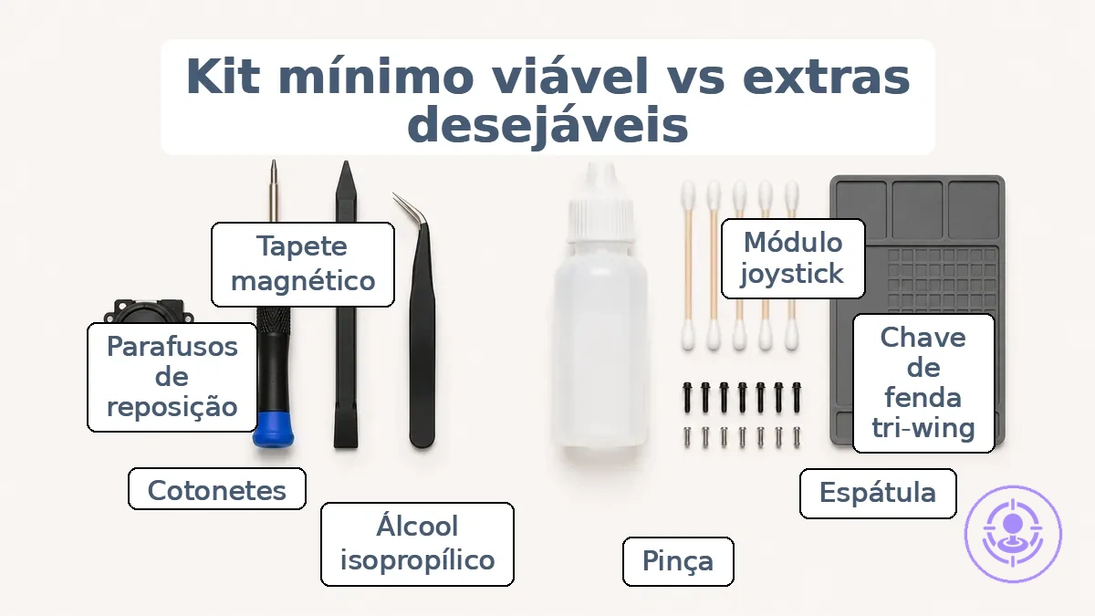 Diagrama de itens essenciais para reparo do drift do Joy-Con versus extras opcionais para um kit mínimo viável.