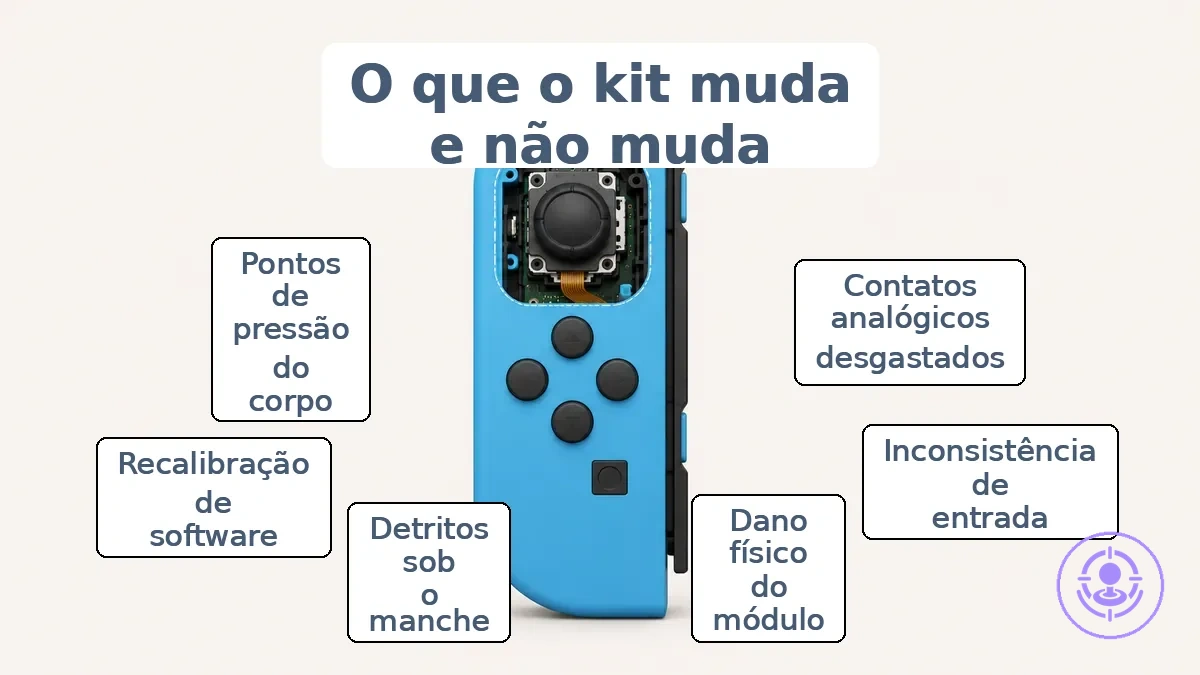 Localização do módulo do Joy-Con e o que um kit de reparo do drift visa.
