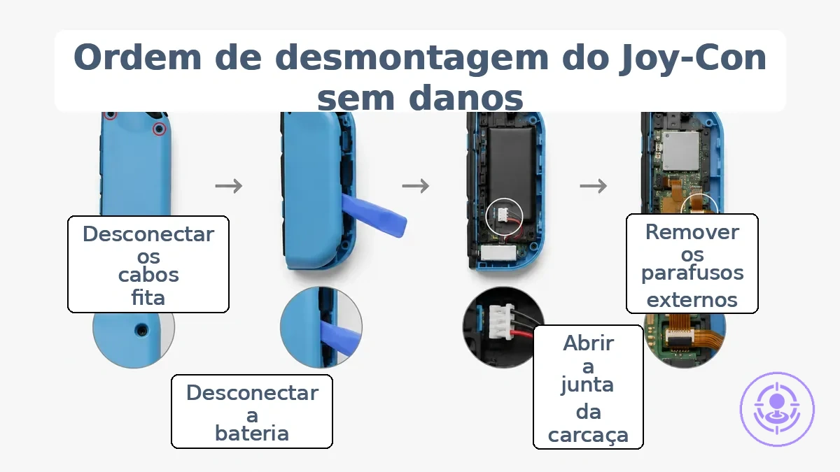 Pontos principais da ordem de desmontagem do Joy-Con mostrando localizações dos parafusos externos, emenda de abertura da carcaça, posição do conector da bateria e área dos cabos flat