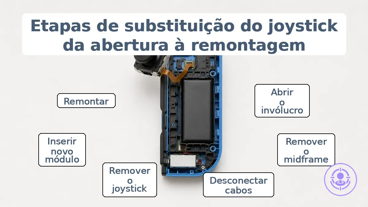 Etapas sequenciais para substituição do módulo do joystick do Joy-Con desde a abertura da carcaça até a remontagem.