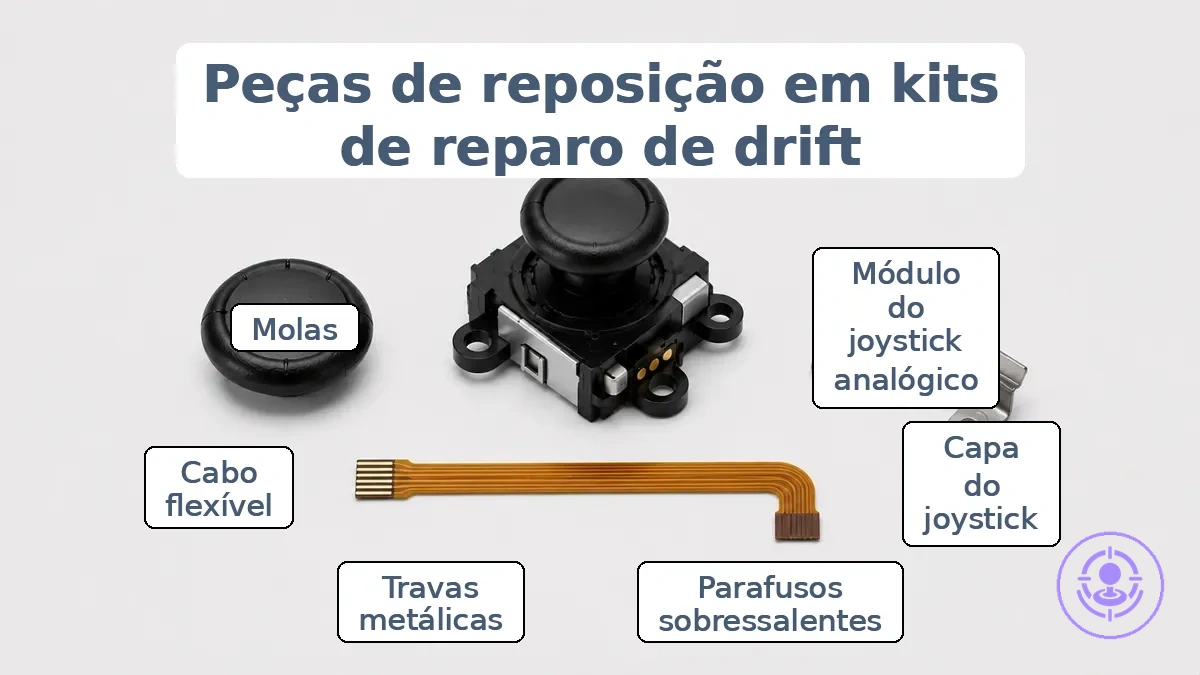 Peças de reposição do kit de reparo do drift do Joy-Con identificadas: módulo do analógico, capas do analógico e pequenos componentes.