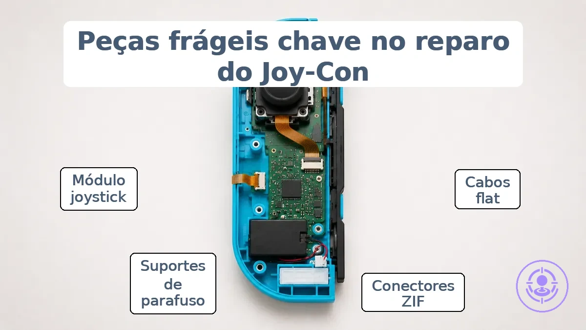 Peças internas frágeis do Joy-Con relevantes ao risco de reparo do drift DIY.