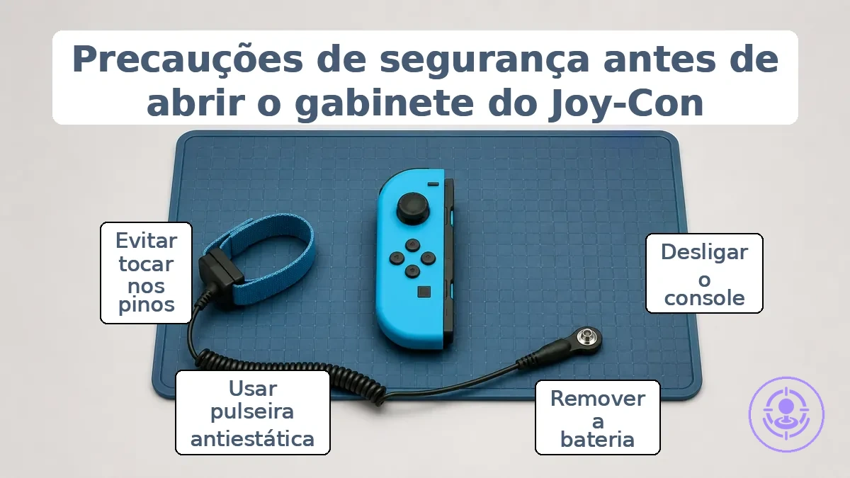 Prioridades de controle de segurança para preparação do reparo do drift do Joy-Con, mostrando etapas de isolamento elétrico e controle estático.