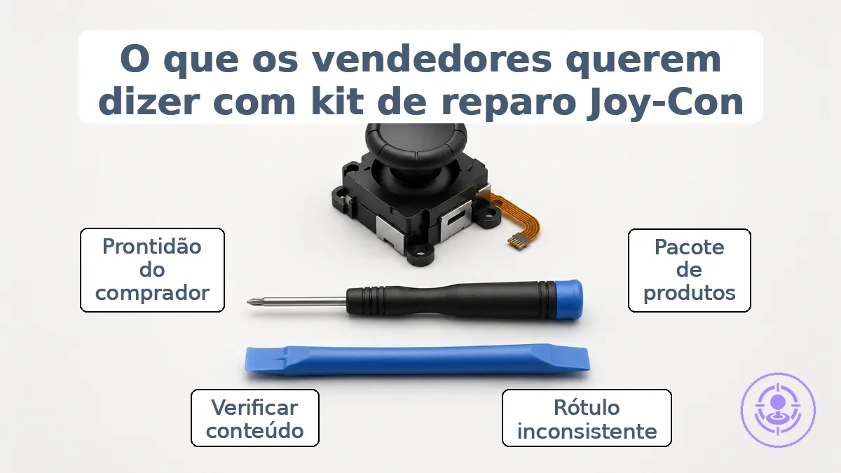 Diagrama rotulando peças, ferramentas e acessórios típicos em um kit de reparo de drift do Joy-Con