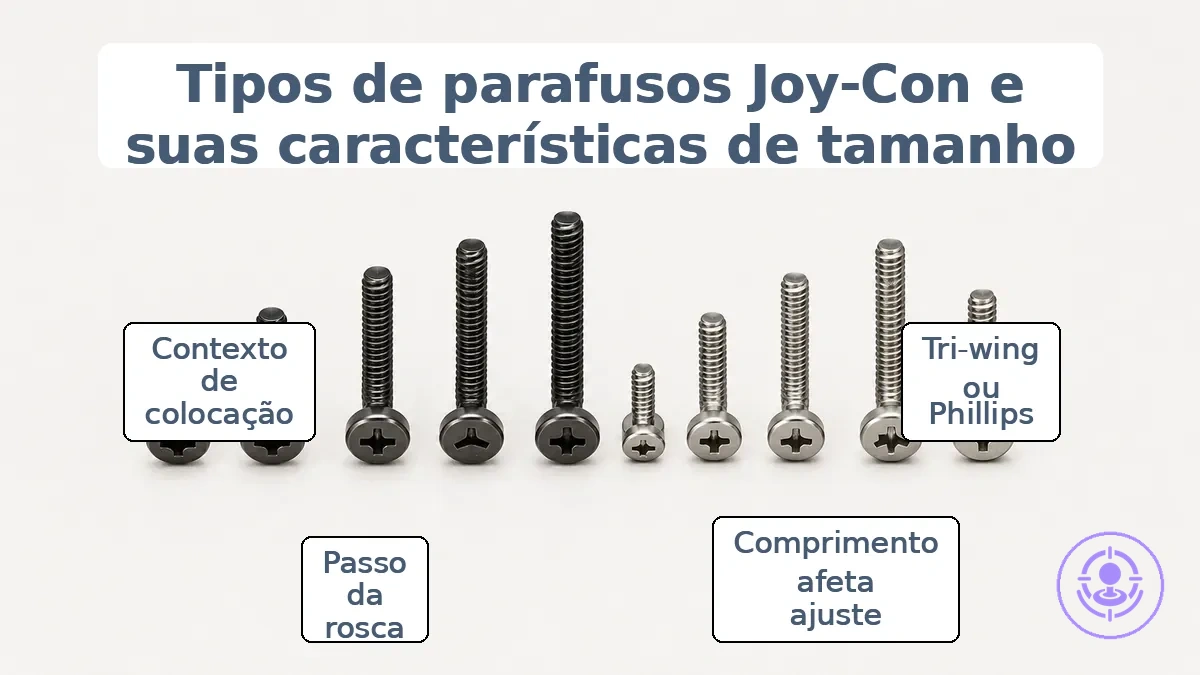 Parafusos de reparo do Joy-Con anotados, mostrando diferentes comprimentos e perfis de cabeça para correspondência mais segura.