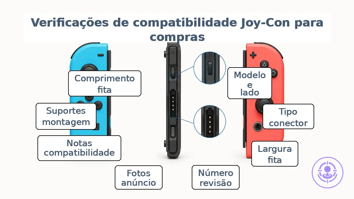 Joy-Con anotado mostrando identificação do lado e área do conector para verificações de compatibilidade