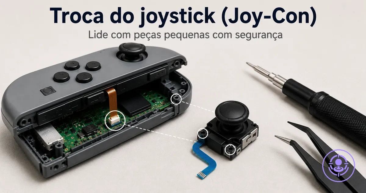 Troca do joystick do Joy-Con com kit para drift mostrando cabo flat e alinhamento do módulo