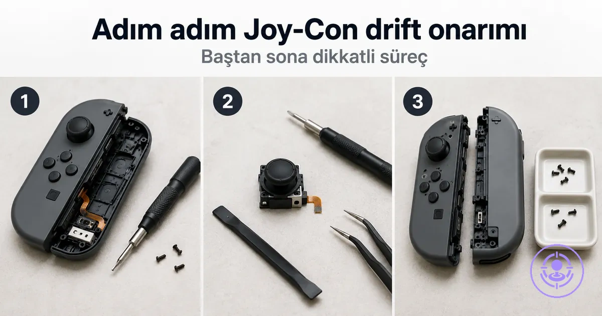 Joy-Con drift onarım kitiyle adım adım süreç; açma, parça değişimi ve yeniden toplama aşamaları