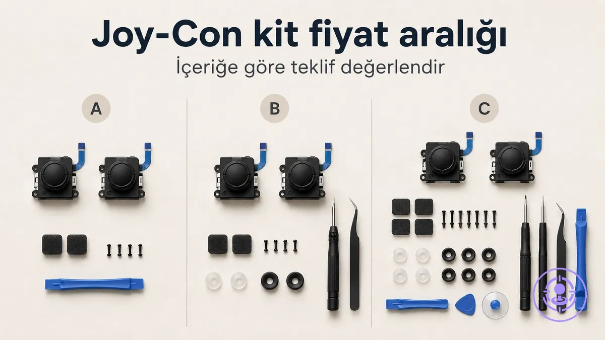 Farklı içeriklere sahip Joy-Con drift onarım kitleri; içerik arttıkça fiyat aralığını göstermek için