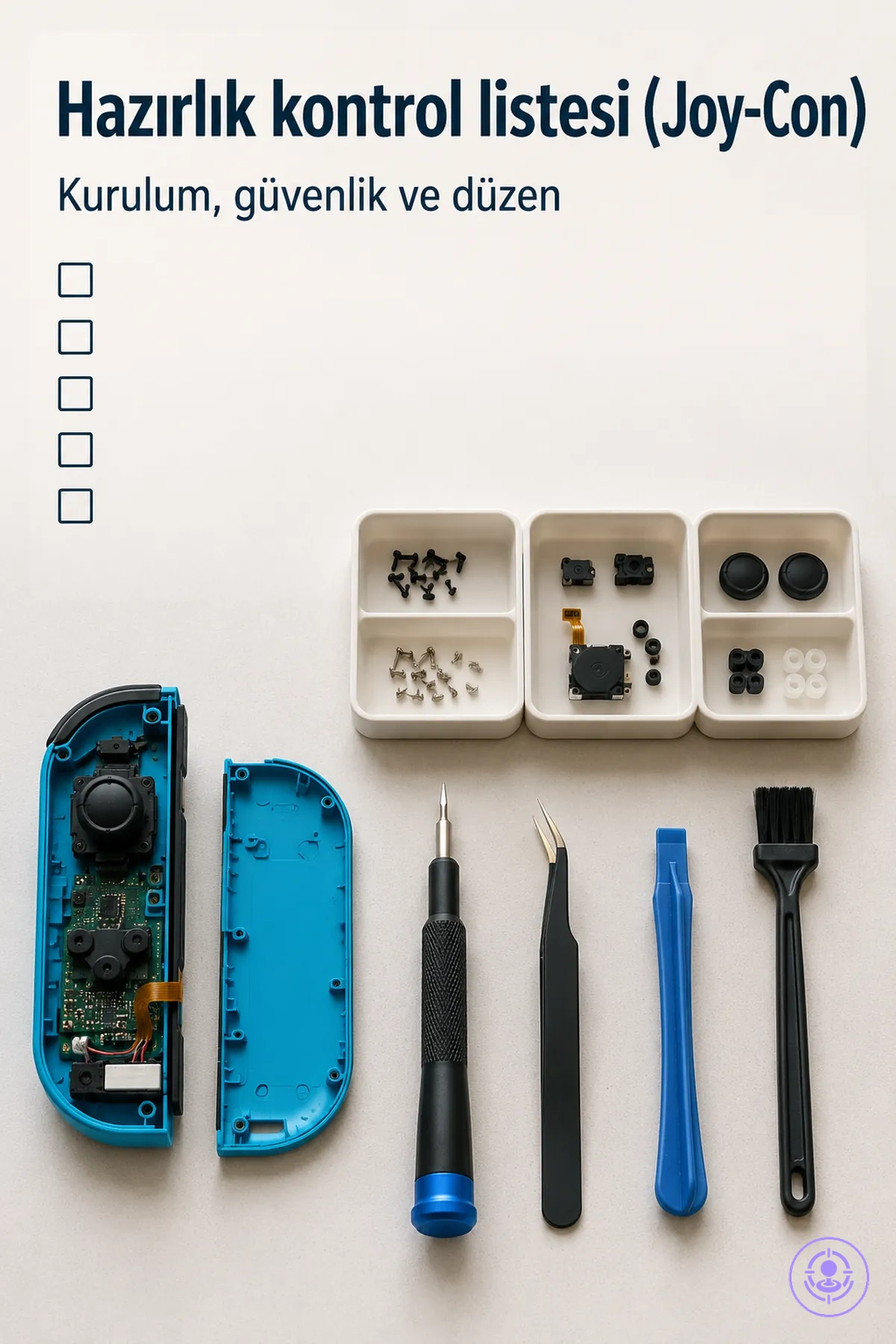 Joy-Con drift onarım kiti için düzenli çalışma alanı; vida tablaları ve aletlerle hazırlanmış