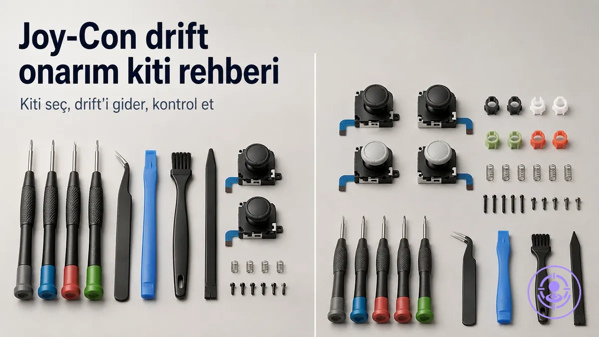 Joy-Con drift onarım kiti; seçim ve onarım planı için düzenlenmiş tipik aletler ve yedek parçalar