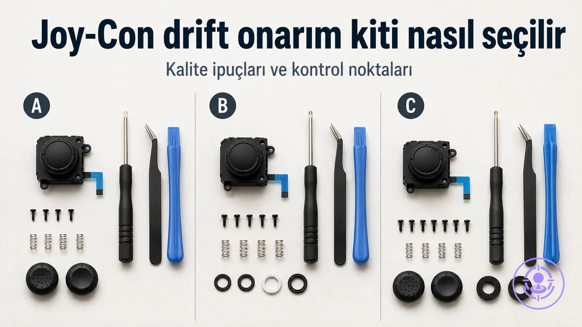 Farklı içeriklere sahip Joy-Con drift onarım kitleri; kalite ve uyum kontrolü için yan yana