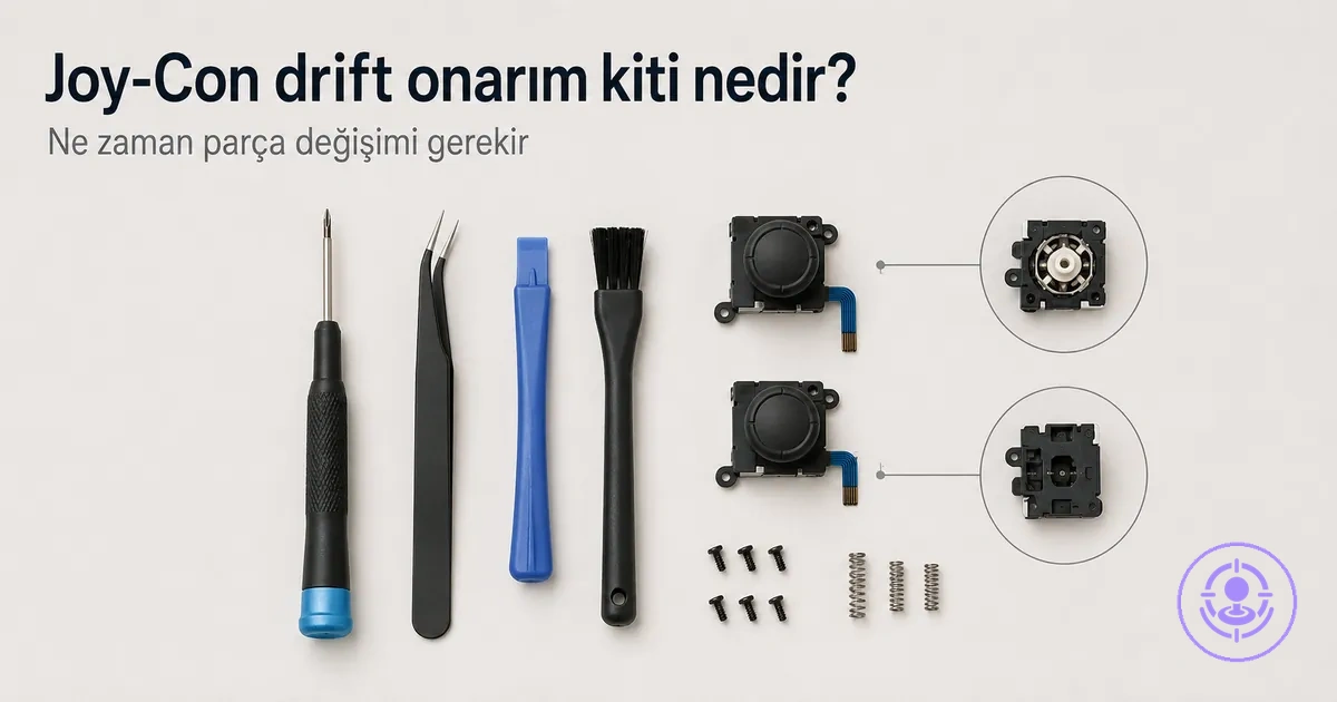 Joy-Con drift onarım kitindeki parçalar; kitin ne işe yaradığını ve ne zaman parça değişimi gerektiğini göstermek için