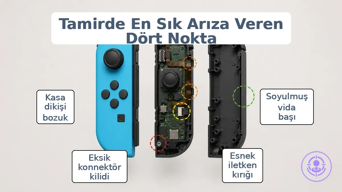 Joy-Con onarım temas noktema noktalarını gösteren şema: vida başları, şerit kablo, konektör mandalı ve kabuk oturması.