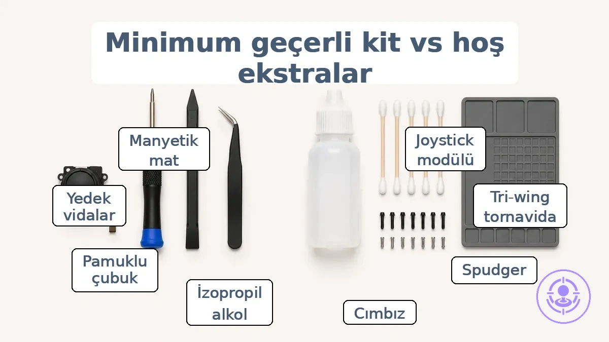 Minimum yeterli kit için Joy-Con drift onarım temel bileşenleri ve isteğe bağlı ekstraları gösteren diyagram.